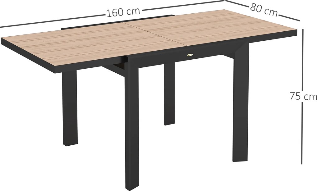 Outsunny Rozkładany Stół Ogrodowy z Aluminium 80/160x80 cm, Odporny na Warunki Atmosferyczne, na Balkon dla 6 Osób, Naturalne Drewno