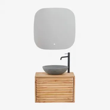 Zestaw Wiszących Mebli Łazienkowych Z Drewna Deleyna Naturalna & Okrągły Szary Cement Ø40 Cm Tarsis & Kwadratowa Lampa - Sklum