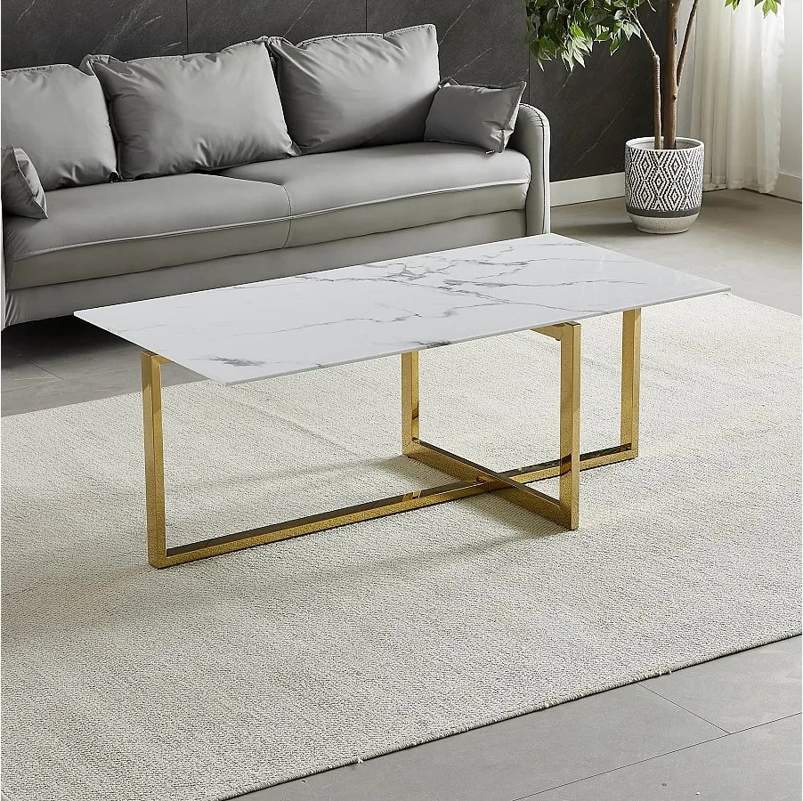 Prostokątny stolik kawowy – Hartowane szkło z efektem białego marmuru – Złoty metal – CHIARA
