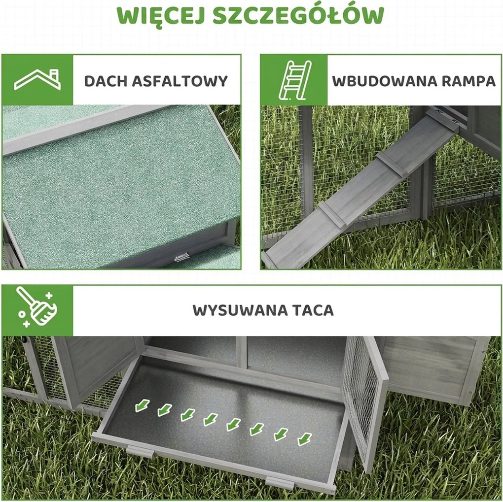 PawHut drewniany kurnik z wybiegiem i gniazdem duży domek dla kur z rampą i szufladą dla 2 4 kur szary | Aosom PL