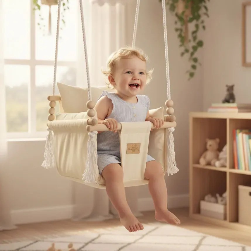 Drewniana huśtawka edukacyjna dla dziecka ecru H1-C19