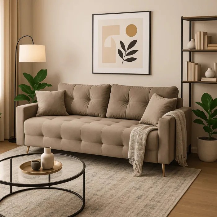 Sofa z Funkcją Spania SEUL Rozkładana Dwuosobowa Welurowa Beżowa Nowoczesna do Salonu