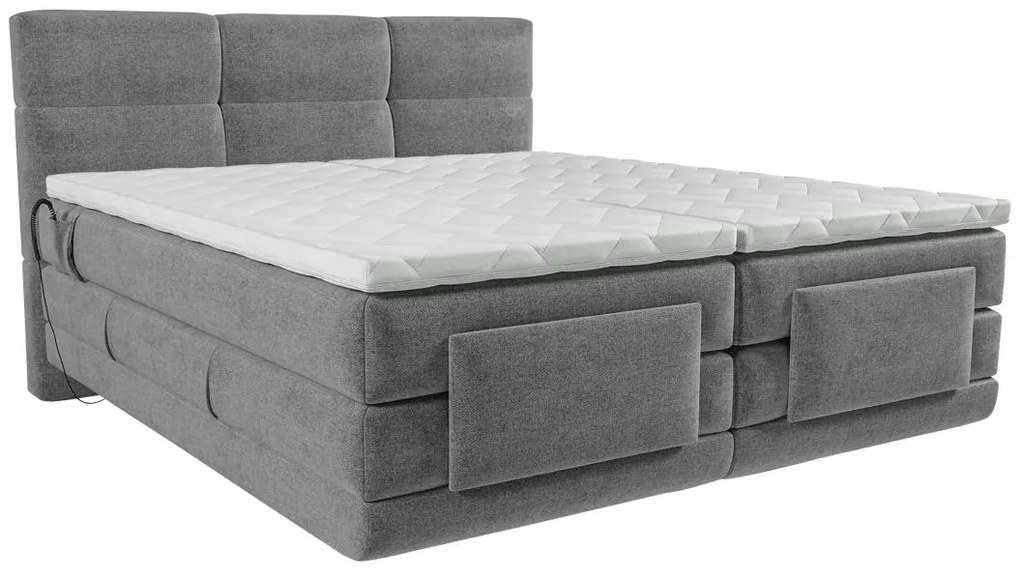 Łóżko kontynentalne z pikowanym zagłówkiem + stelaż elektryczny relaksacyjny + materac + nakładka na materac 2 x 80 x 200 cm jasnoszary - LODI marki PALACIO