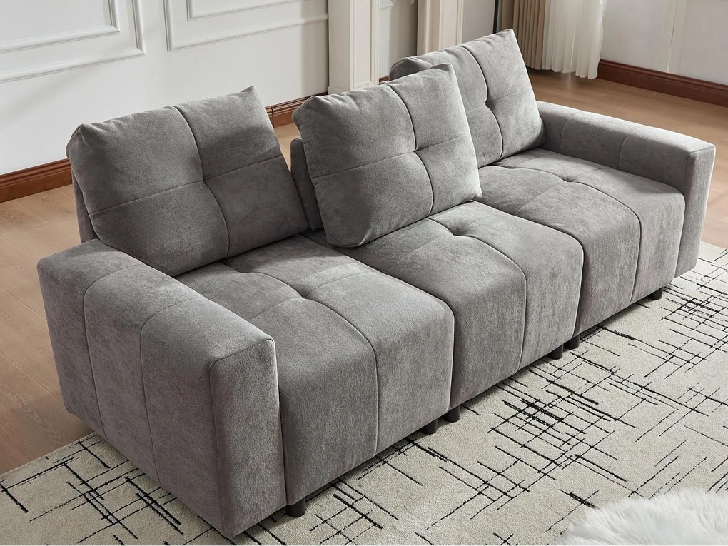 Kanapa 3-osobowa - Funkcja spania - Regulowane oparcie - Konstrukcja z litego drewna - Tkanina szynszyla - Szary