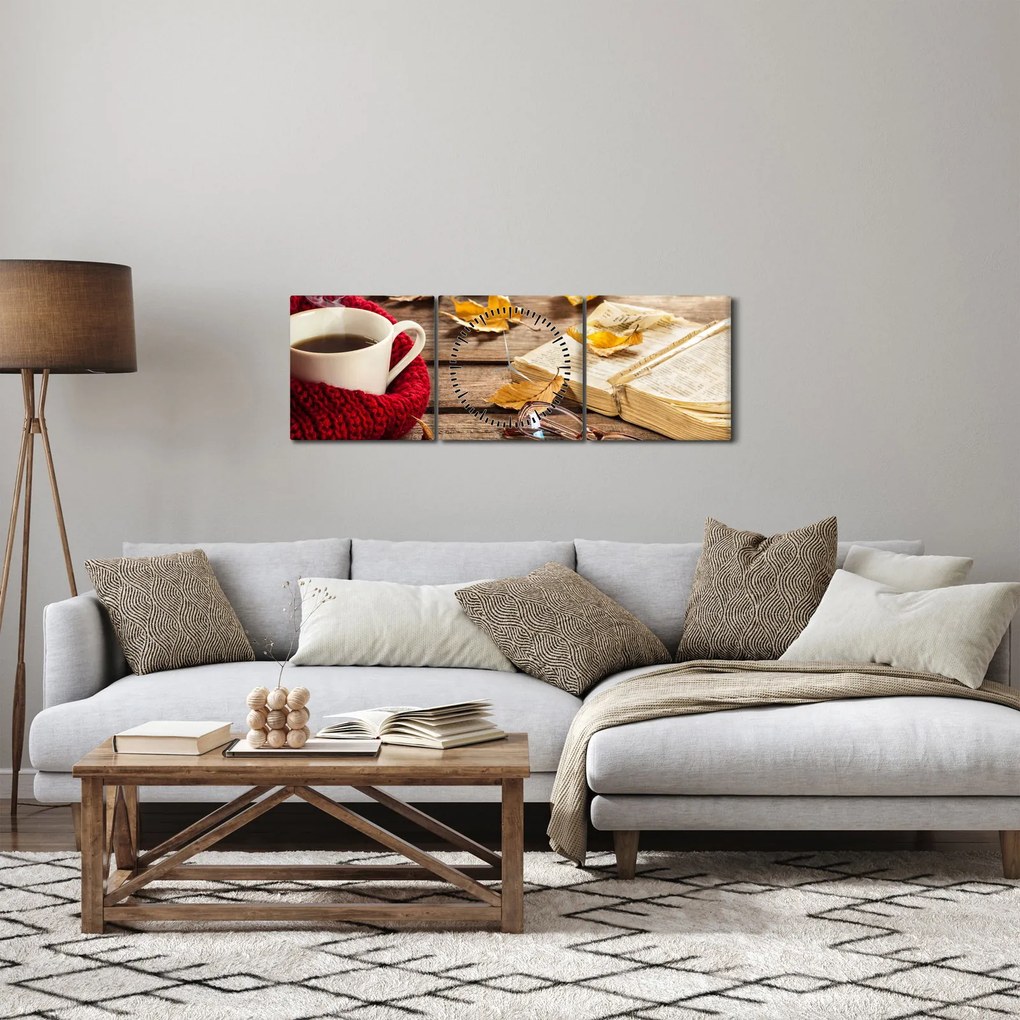 Obraz - Jesienna filiżanka herbaty (z zegarem) (90x30 cm)