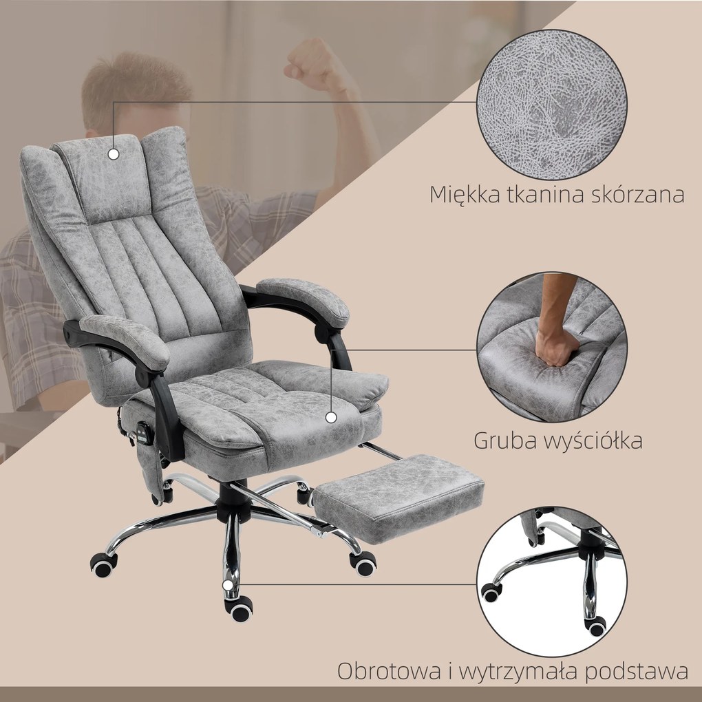HOMCOM Fotel biurowy ergonomiczny z masażem i podgrzewaniem funkcja leżanki obciążenie do 120kg szary | Aosom PL