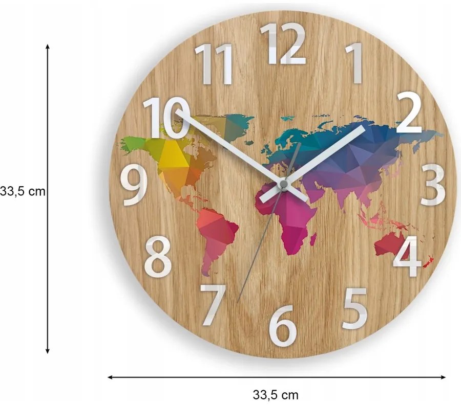 Zegar ścienny drewniany dębowy akrylowy mapa wood kolorowa z cyframi 33cm