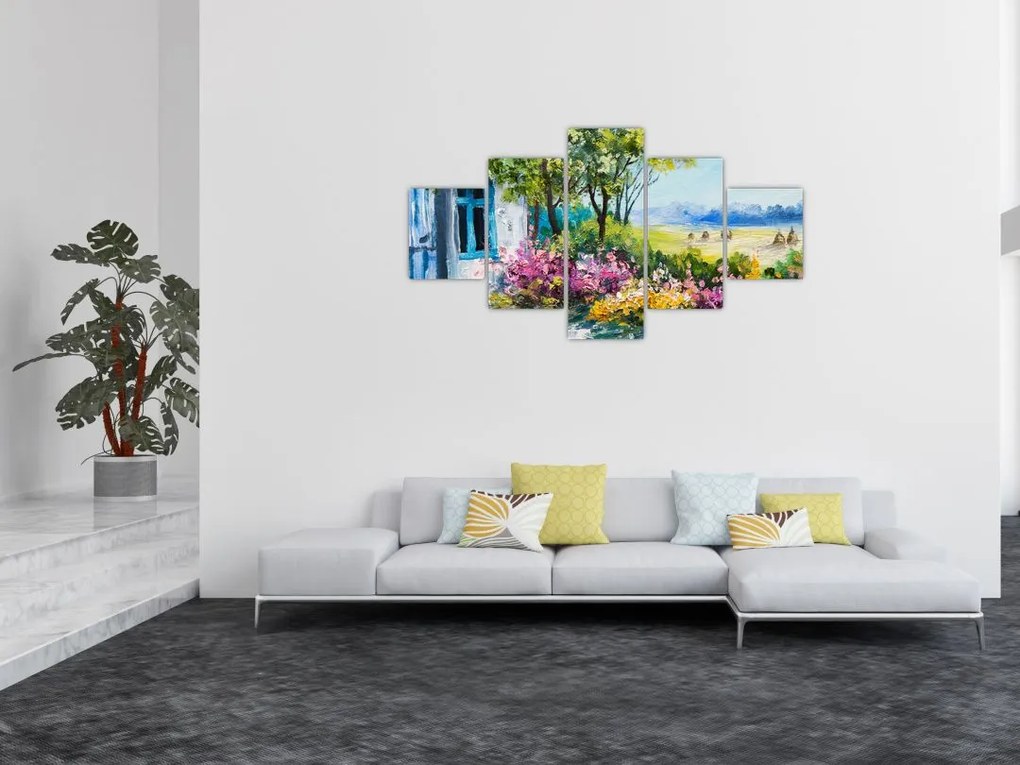 Obraz ogrodu przed domem, obraz olejny (125x70 cm)