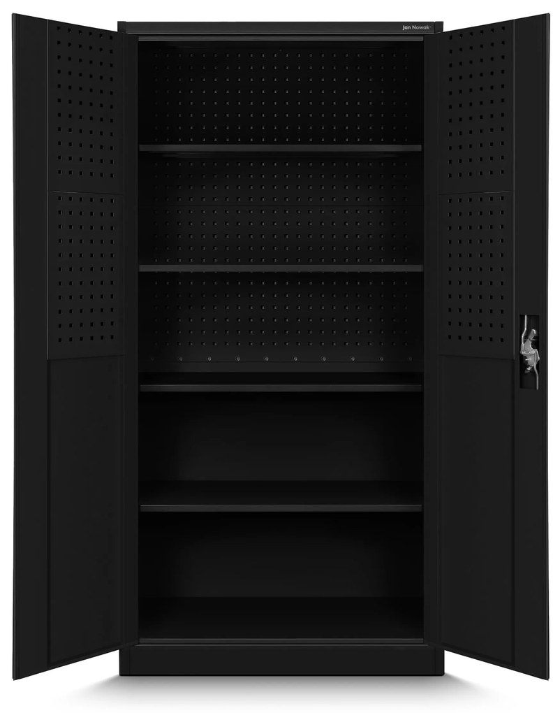 Szafa warsztatowa na narzędzia z tablicami perforowanymi czarna, 920x1850x500 mm: BRUNO All Black