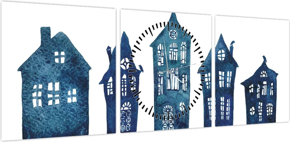 Obraz - Niebieskie domy akwarelowe (z zegarem) (90x30 cm)