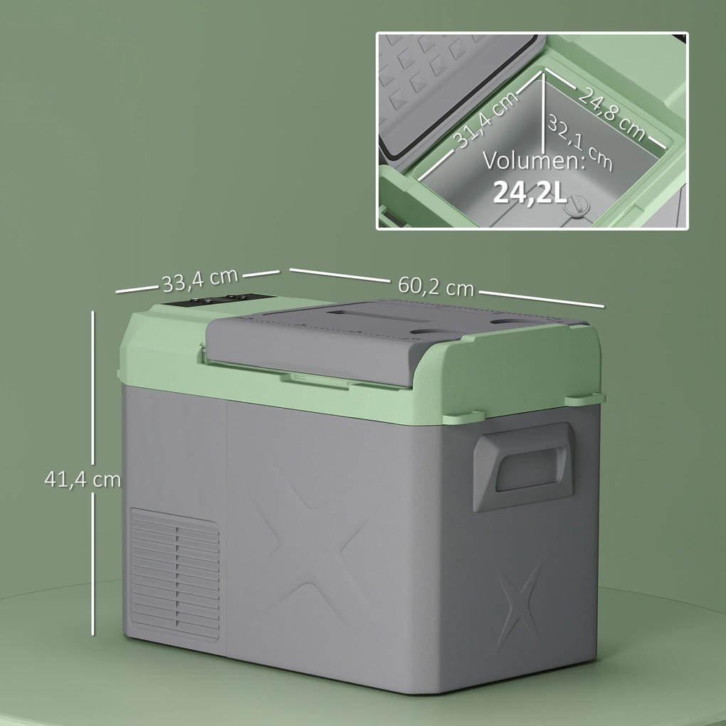 Outsunny 24,2 L Lodówka Campingowa, Lodówka Samochodowa z LED, Adaptory AC i DC, Cicha Praca, Szara+Zielona