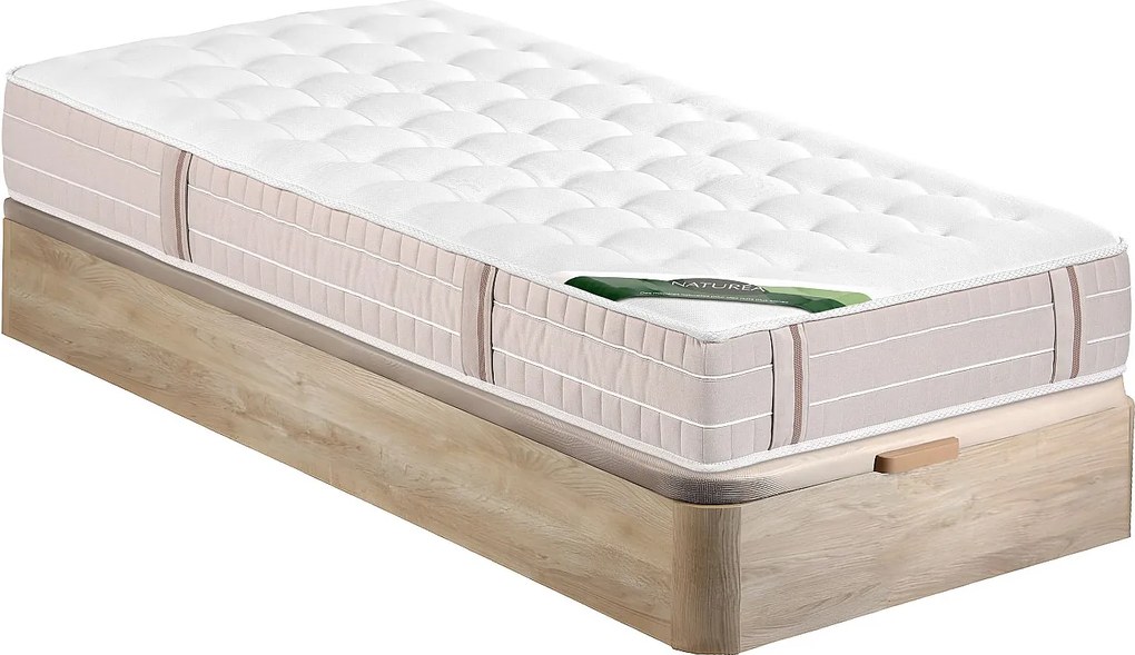 Zestaw 90 x 190 cm stelaż ze skrzynią jasny naturalny + materac kieszeniowy 5-strefowy z warstwą pianki termoelastycznej memory i powłoką przeciw pluskwom gr. 24 cm - VIREVO marki NATUREA