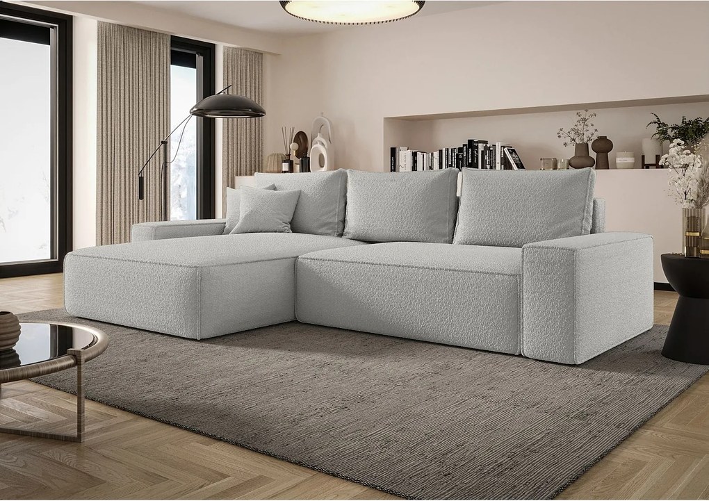 NAROŻNIK MONA z funkcją spania QUELLE 83 Jasnoszary Lewy Sofa w kształcie L z pojemnikiem na pościel, sofa rozkładana, sofa do salonu