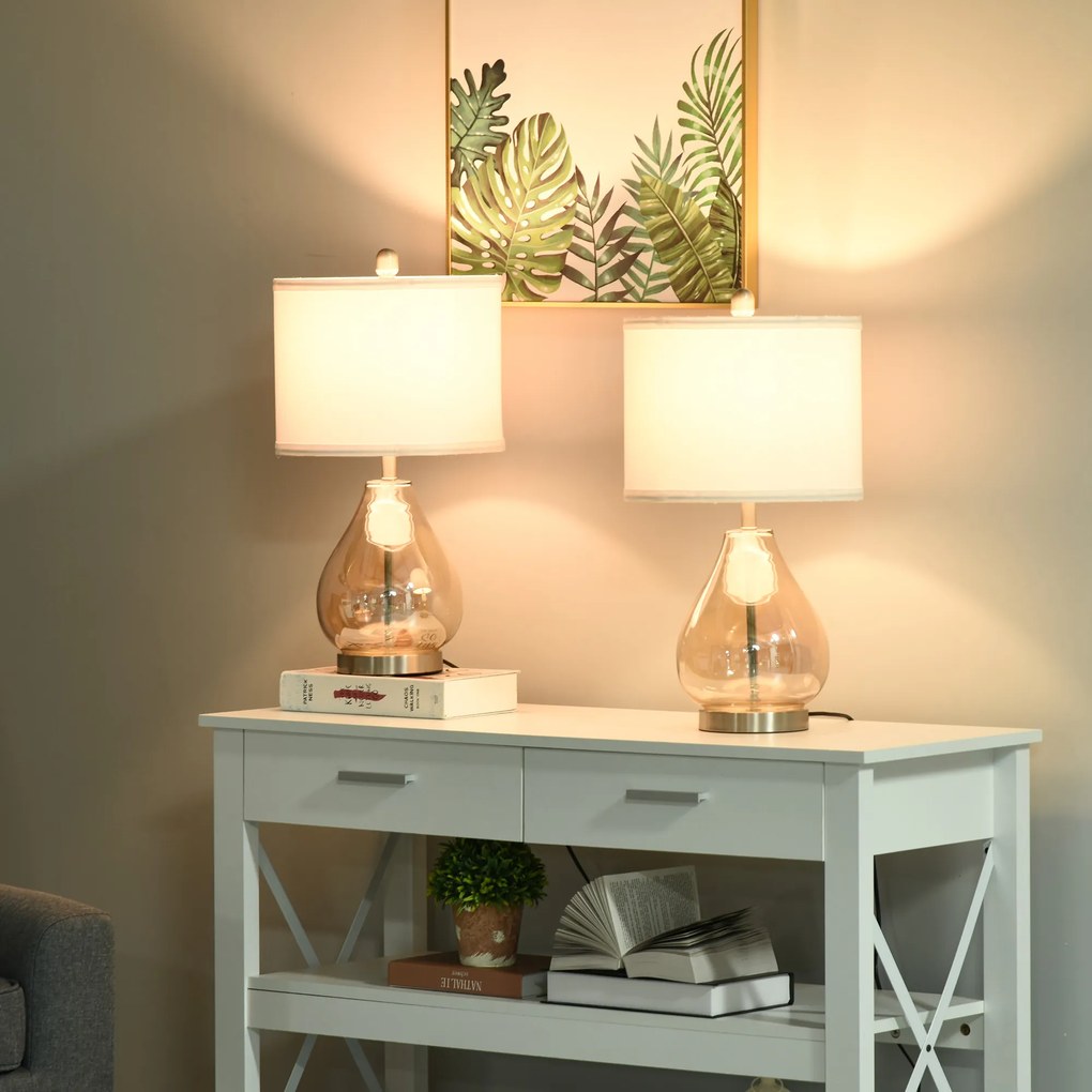 HOMCOM Zestaw 2 lamp stołowych Zestaw 2 opraw stołowych E27 Lampka nocna len szkło bursztynowy