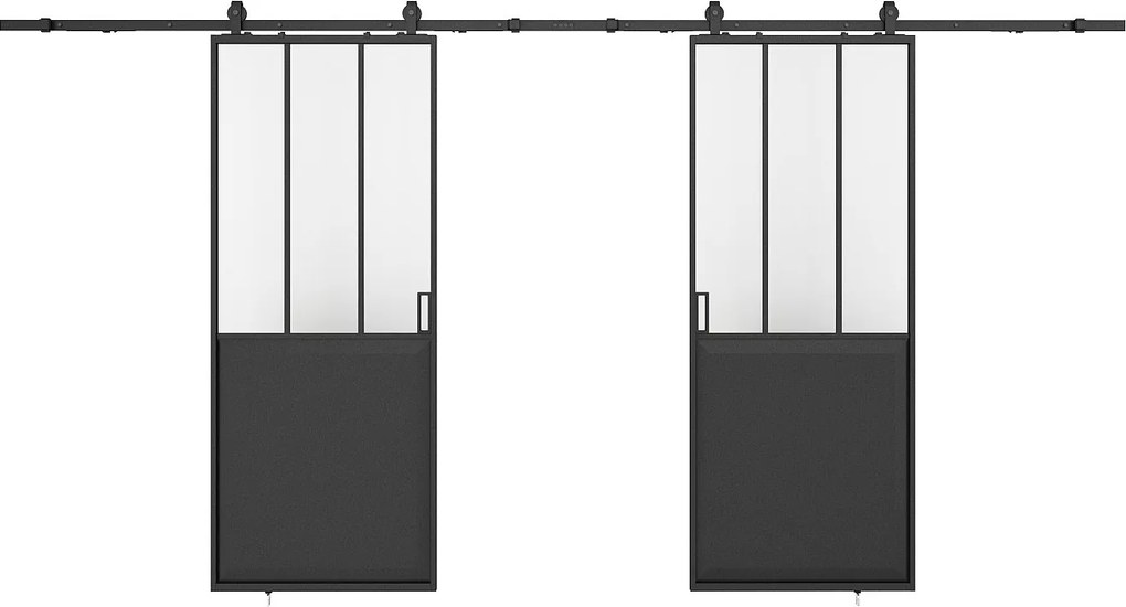 Drzwi przesuwne podwójne industrialne naścienne - Czarny i szkło hartowane - 2 x wys. 205 x szer. 93 cm - ARTISTO II