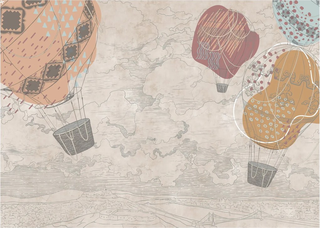 Obraz - Balony nad miastem, ciepłe odcienie (70x50 cm)