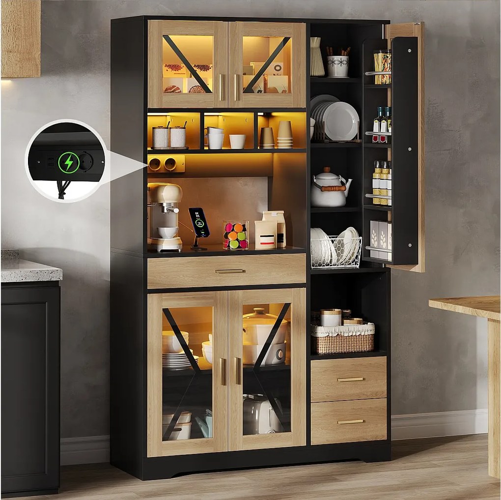 Kredens kuchenny w stylu stodoły Hayt - 105 x 40 x 185 cm - z półkami + szufladami + diodami LED + drzwiami - MDF - czarny + naturalny