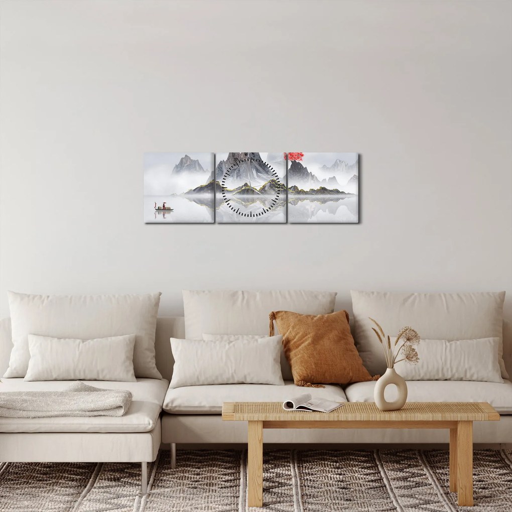 Obraz - Góry we mgle (z zegarem) (90x30 cm)