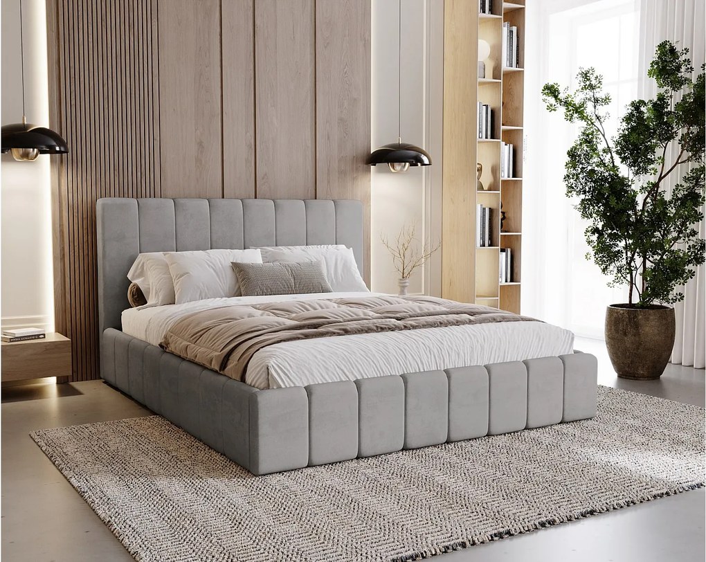 BESILIO Tapicerowane łóżko slim 140x200 Lexy - stelaż metalowy, pojemnik na pościel, slim łóżko, tkanina velurowa - Szary