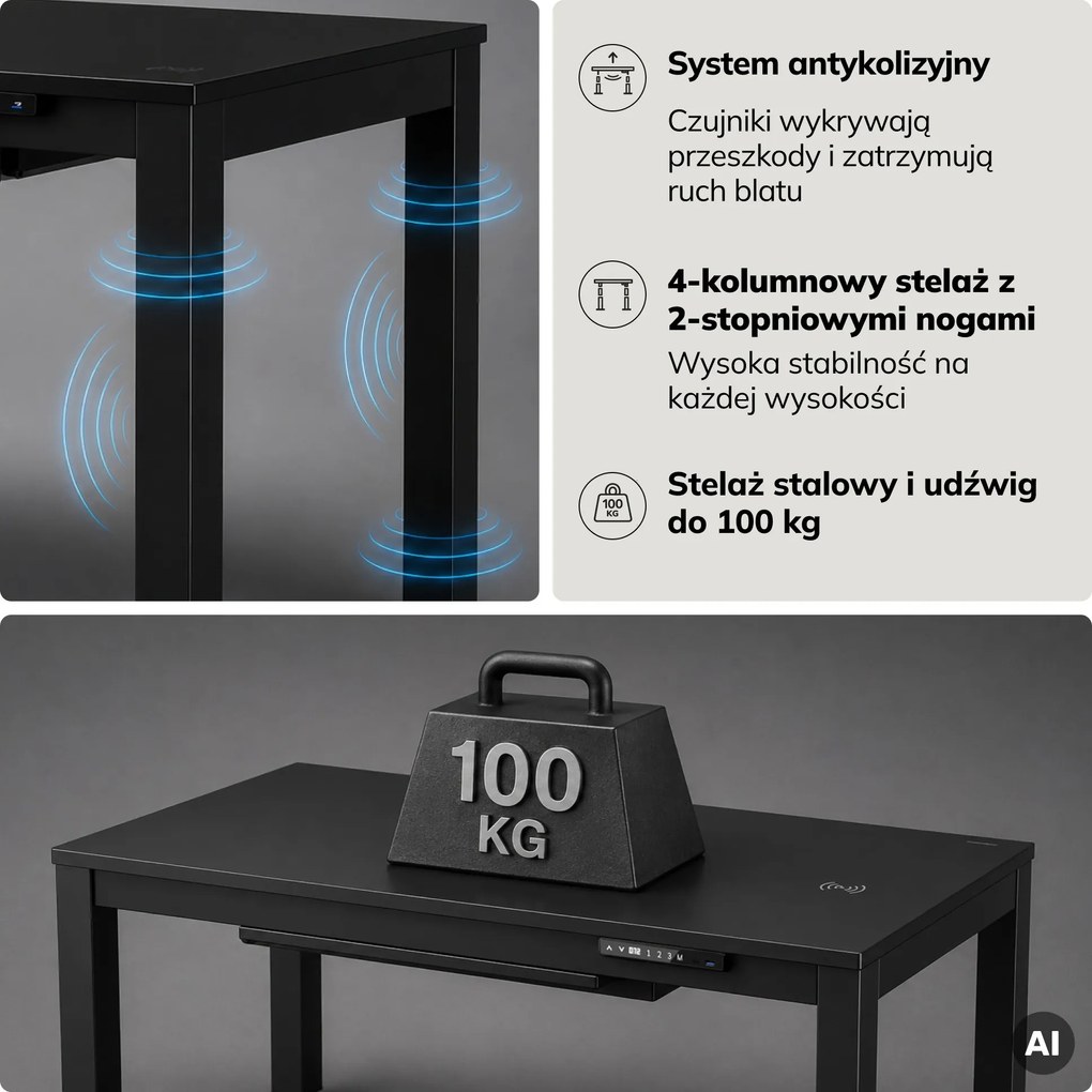Biurko regulowane elektrycznie podnoszone czarne, 120x63 cm: EVAN
