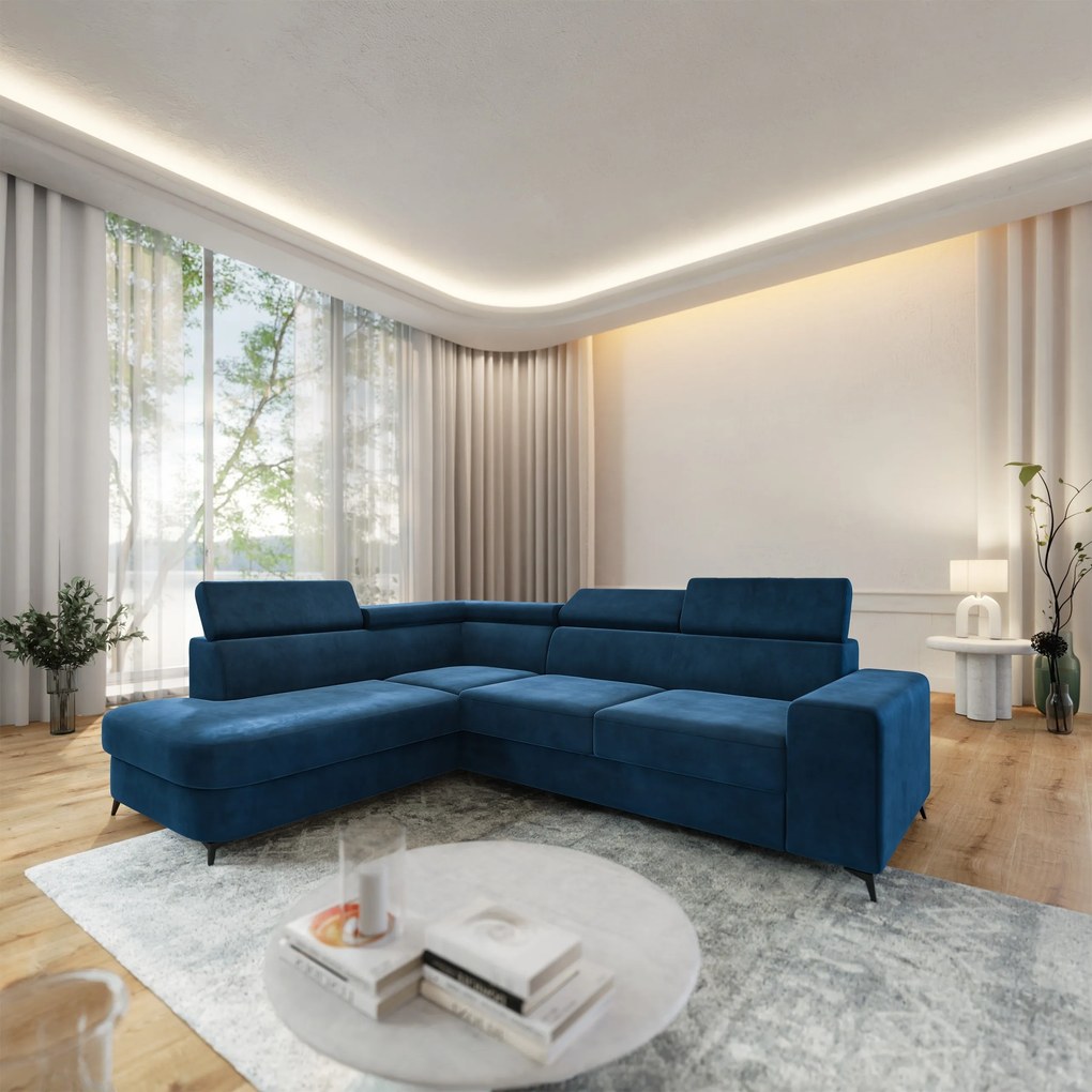 Masseno Narożnik ALVORO z funkcją spania i pojemnikiem na pościel Narozniki L, Rozkładana sofa - Niebieski, MONOLITH 77