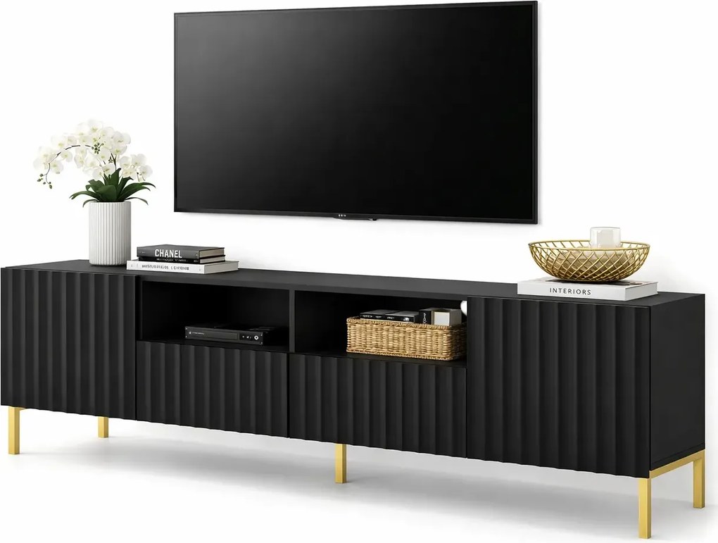 Czarna szafka rtv glamour z lamelami na złotych nogach T6-P00