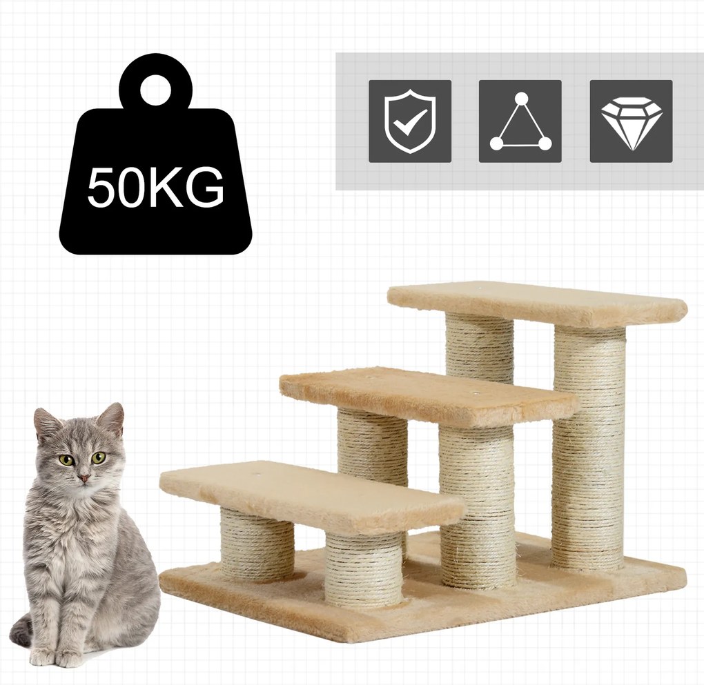 PawHut drapak schodki dla kota i psa 3 stopnie stabilne schody dla zwierząt domowych beżowe 45x35x34cm | Aosom PL