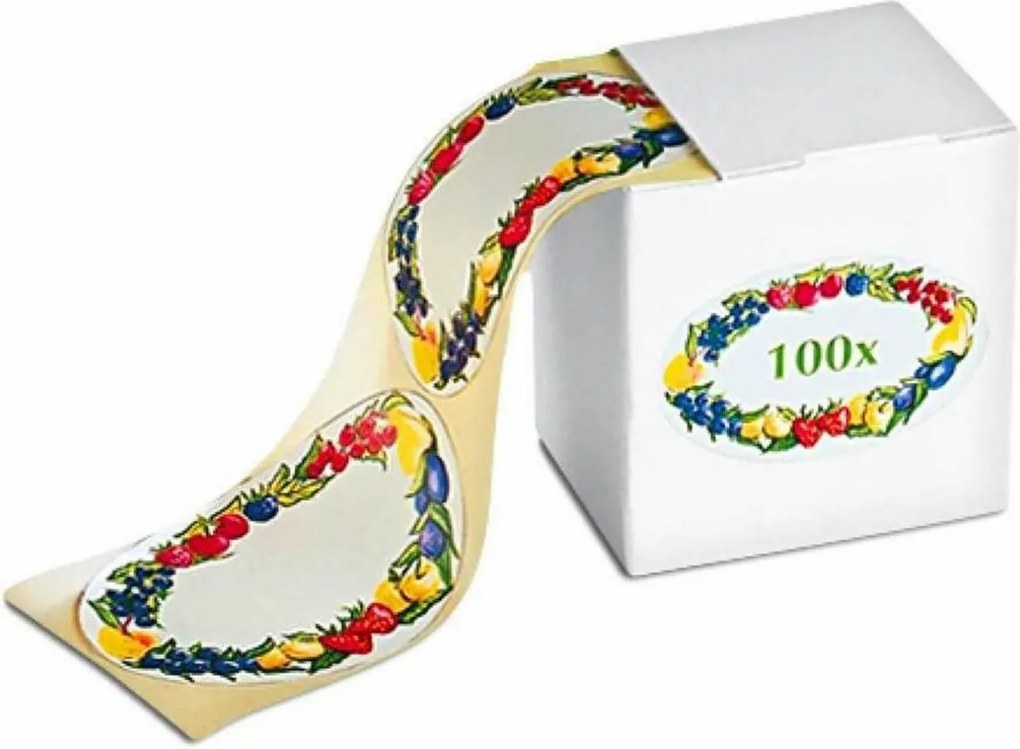 Etykiety samoprzylepne w pojemniku z motywem owoców, 100 szt.