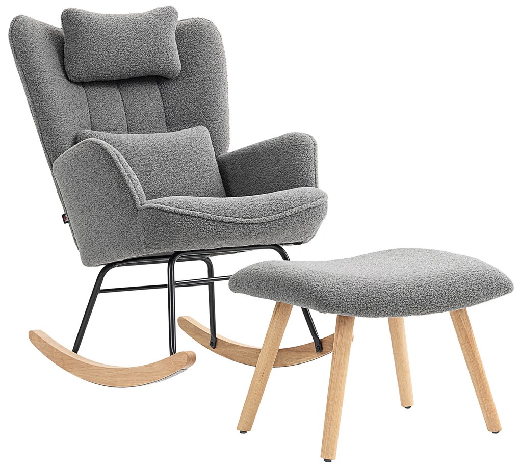 HOMCOM Fotel bujany z podnóżkiem, miękkie pokrycie polarowe, drewniane nogi, poduszka, wysokie oparcie, fotel bujany, ciemnoszary