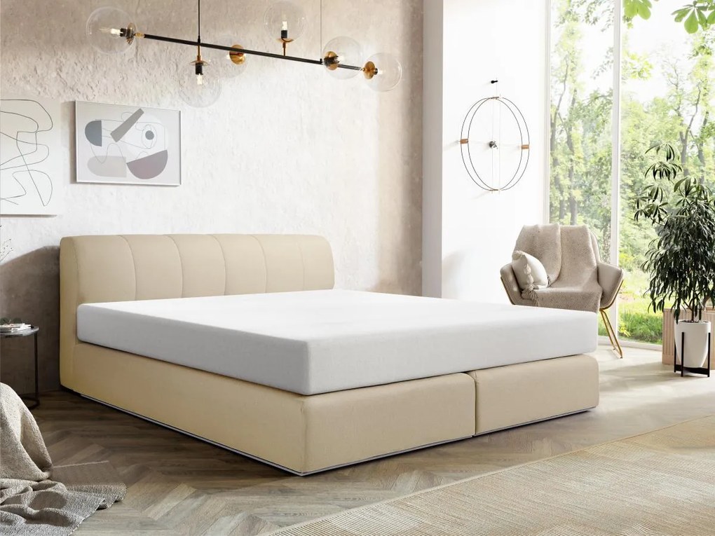 Zestaw łóżko kontynentalne z zagłówkiem + stelaż z oświetleniem LED + materac - 180 x 200 cm - Tkanina - Beżowy - OTARU marki YSMÉE