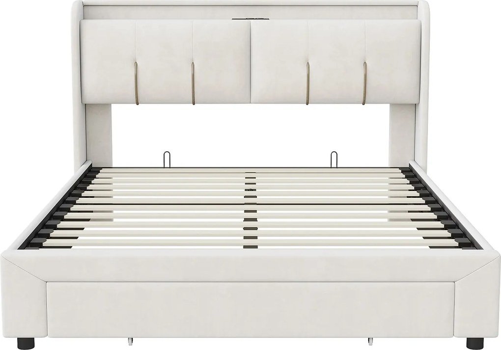 Łóżko z pojemnikiem 160x200 cm Biały Aksamit z LED, Portami USB, Hydraulicznym Schowkiem i Wbudowaną Szufladą – Styl Skandynawski