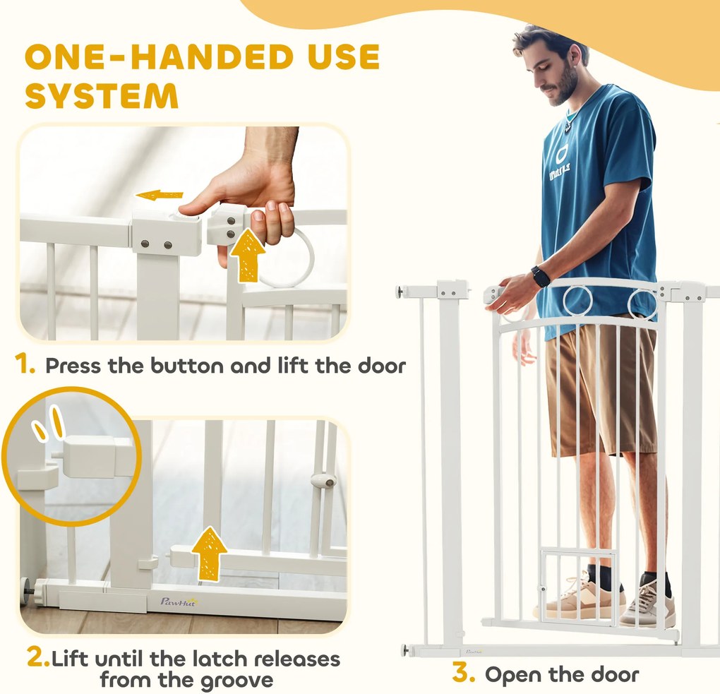 PawHut 106 cm Wysoka Bramka dla Zwierząt z Regulacją Szerokości, Wbudowane Drzwiczki dla Kota, dla Schodów i Drzwi, Biała