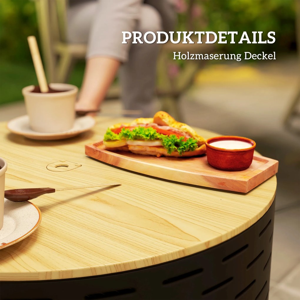 Outsunny Ognisko 3-w-1 Ø60 x 39cm ze Stali Nierdzewnej z Grillem, Pogrzebaczem i Pokrywą w Wzór Drewna Węglowy Szary