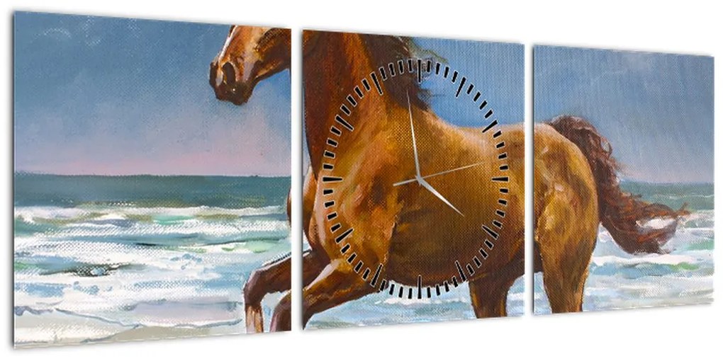 Obraz konia na plaży (z zegarem) (90x30 cm)