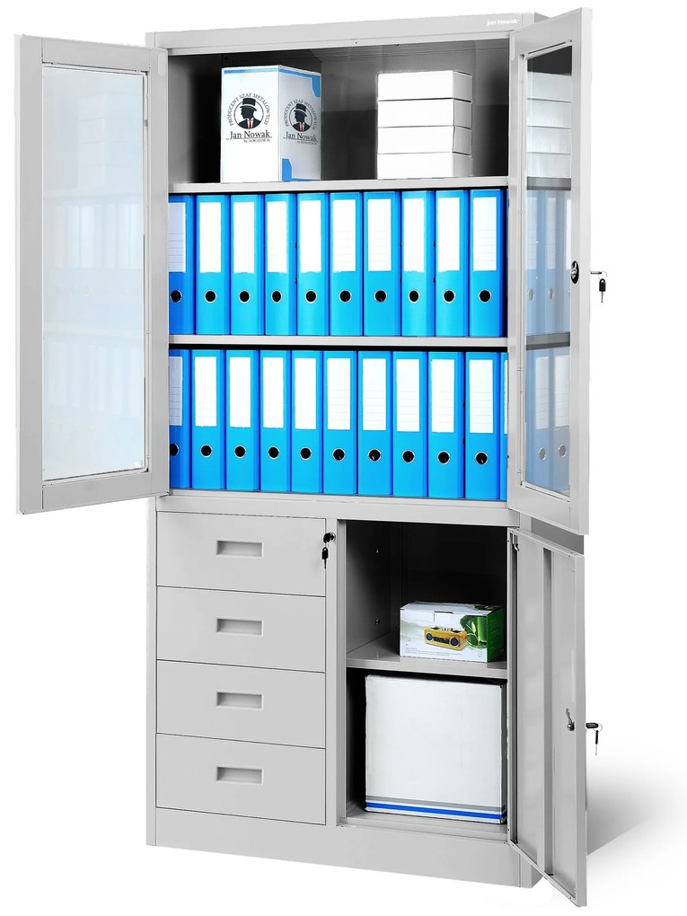 Szafa biurowa przeszklona na akta z 4 szufladami szara, 900x1850x400 mm: WIOLA