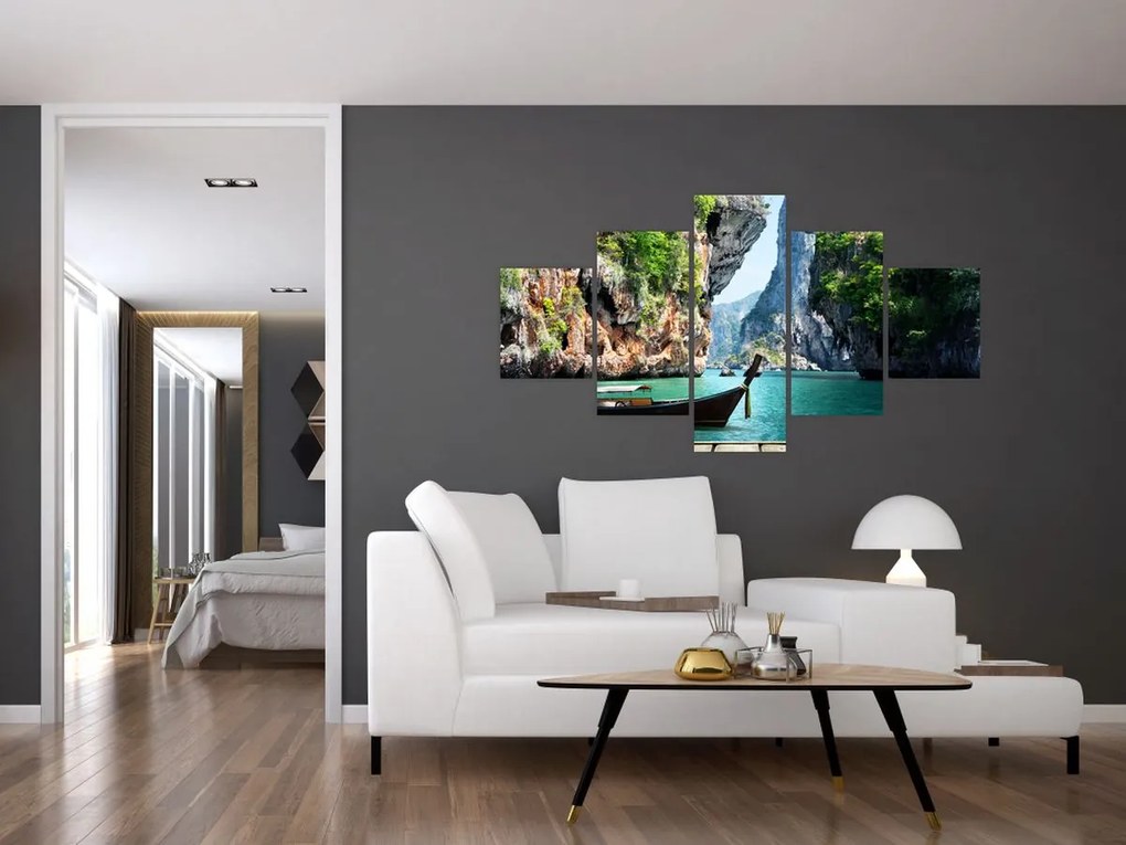 Obraz - Wodny śródziemnomorski krajobraz z łodzią (125x70 cm)