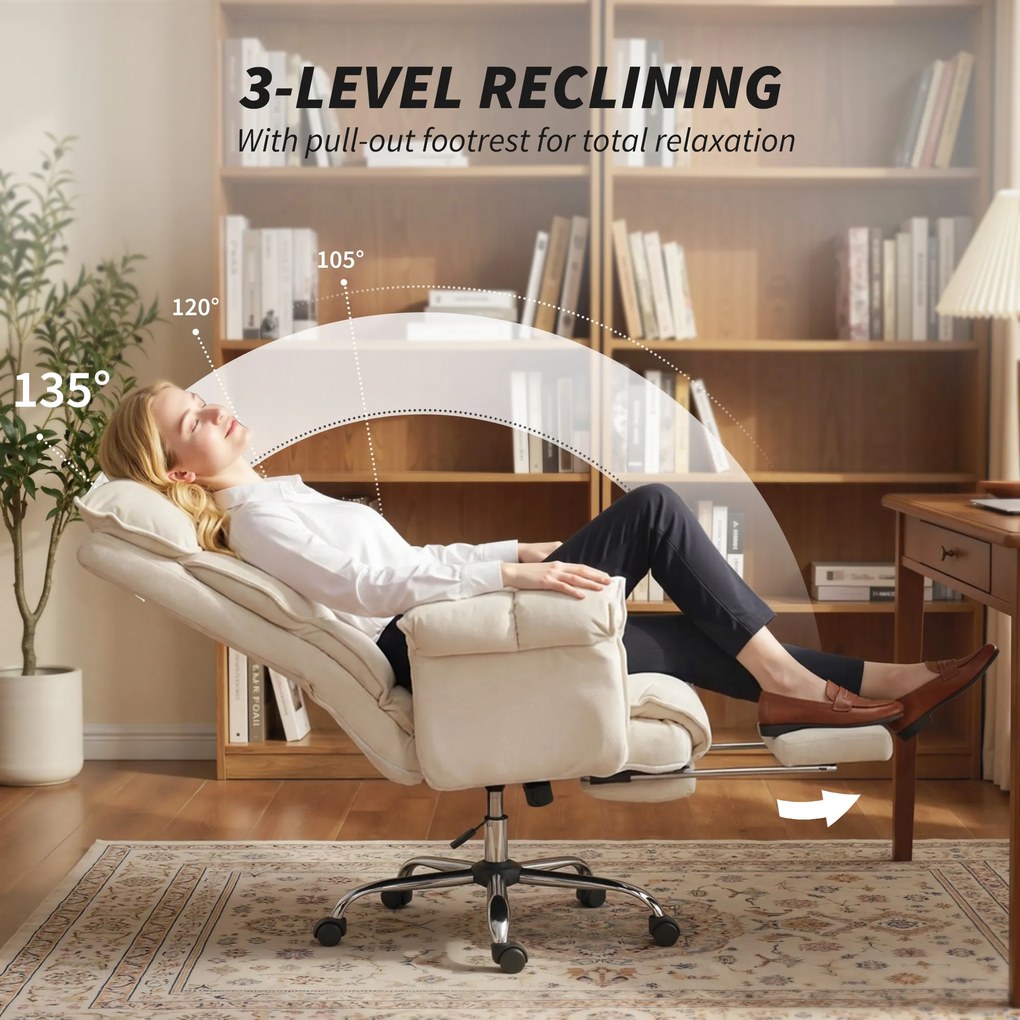 HOMCOM Fotel biurowy regulowany obrotowy z podparciem lędźwiowym, podnóżkiem, śnieżnym flanellem, 80 x 80 x 106-114 cm Cremeweiß | Aosom PL