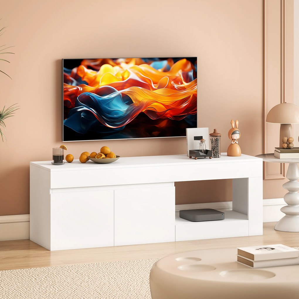 HOMCOM Nowoczesny lowboard TV do salonu z 2 drzwiami, otwartą półką i uchwytami, dla telewizorów do 152,4 cm, 140 x 40 x 48 cm, biały | Aosom PL