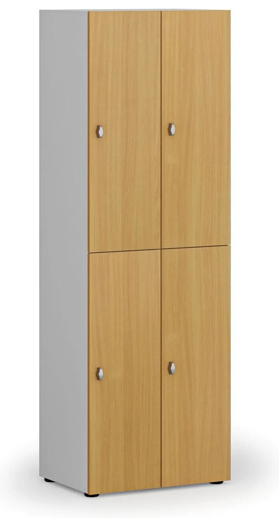 Drewniana szafka skrytkowa S4, 4 schowki, demontaż, zamek obrotowy, szary/buk