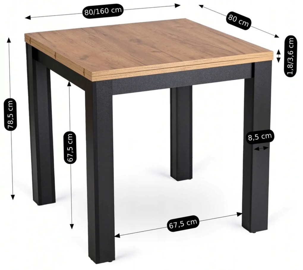 Zestaw Stół Kwadratowy Rozkładany MAX 80-160 cm Dąb Craft/Czarny i 6 Krzeseł Tapicerowanych CHRIS Czarnych Nowoczesnych