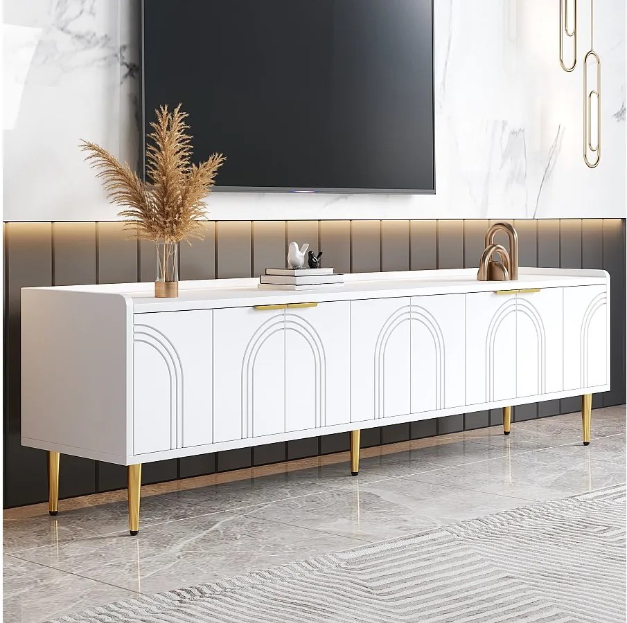 Biała szafka RTV, nowoczesna szafka RTV z 4 drzwiami o fakturze i złotymi nóżkami - do salonu i gabinetu