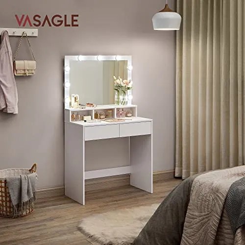 SongmicsHome Toaletka VANESA z dużym lustrem i oświetleniem, 80x40x140 cm, biała