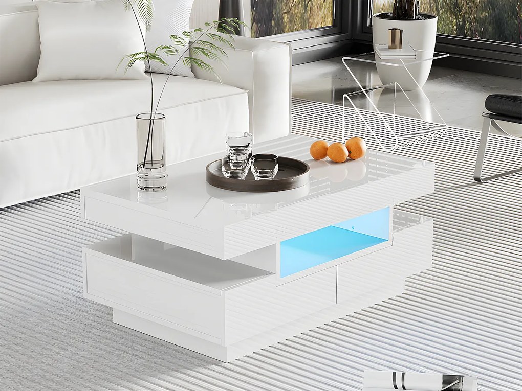 Stolik kawowy z LED - wykończenie błyszczące - 4 szuflady z przodu i z tyłu - Biały