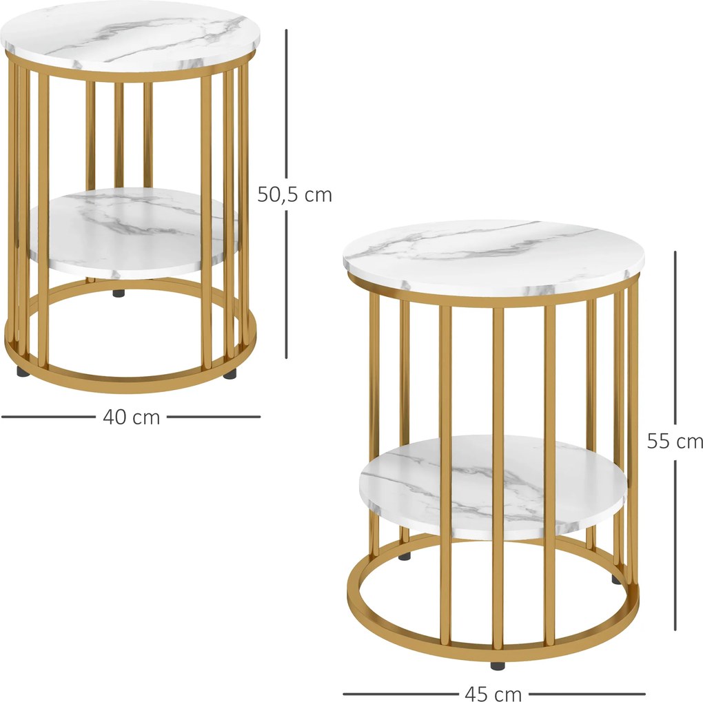 HOMCOM Zestaw 2 okrągłych stolików pomocniczych w marmurowym wyglądzie z otwartą półką i metalową ramą