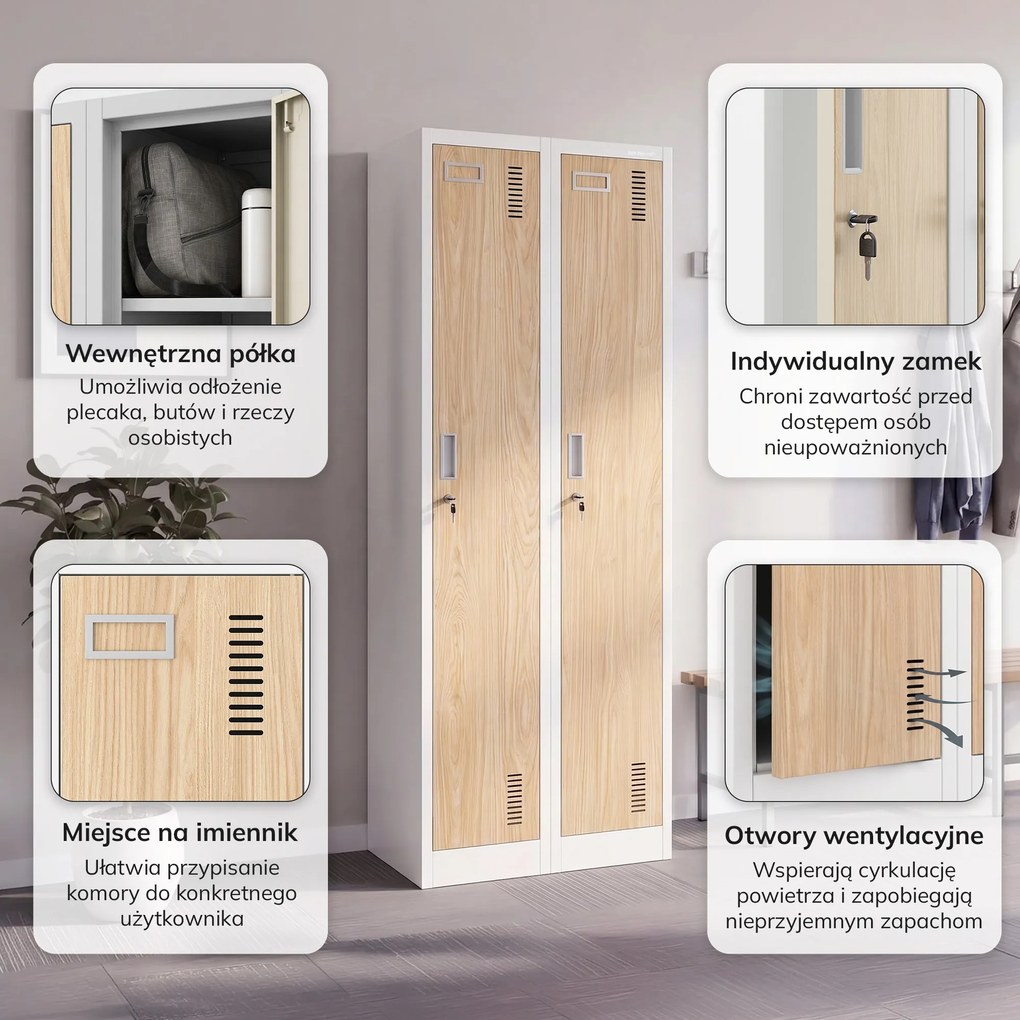 Szafka pracownicza dwukomorowa biała / dąb sonoma: Eco Design KACPER II, 600 x 1800 x 500 mm