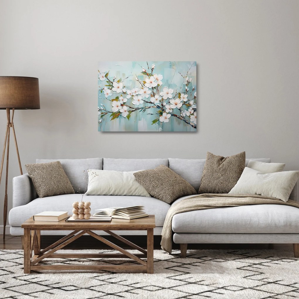 Obraz na szkle - Malowanie, kwitnące gałęzie drzew (70x50 cm)