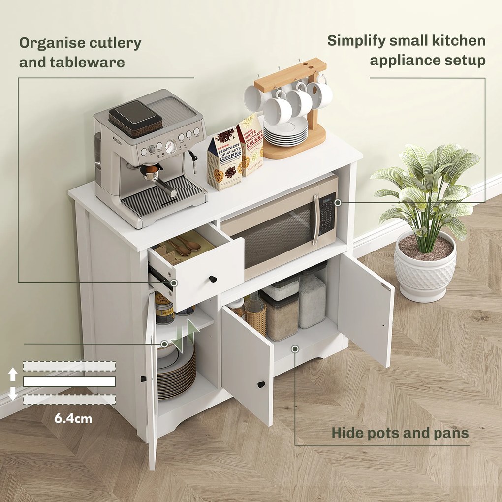 HOMCOM Szafka kuchenna z otworem na kable, Komoda z 2 szafkami, otwartą przegrodą, szufladą, 80 x 35 x 72,2 cm, Płyta wiórowa, Biały