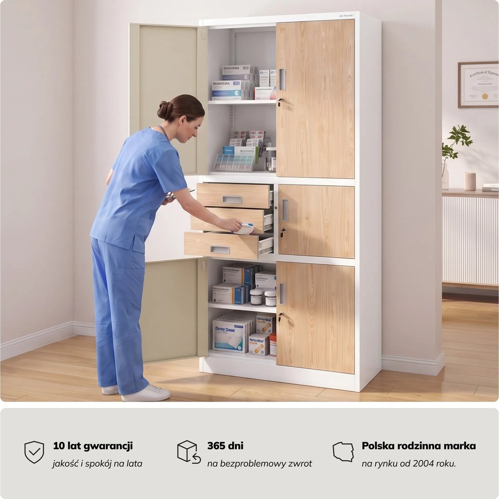 Szafa biurowa metalowa z sejfem biała/dąb sonoma, 900x1850x400 mm: FILIP II Eco Design