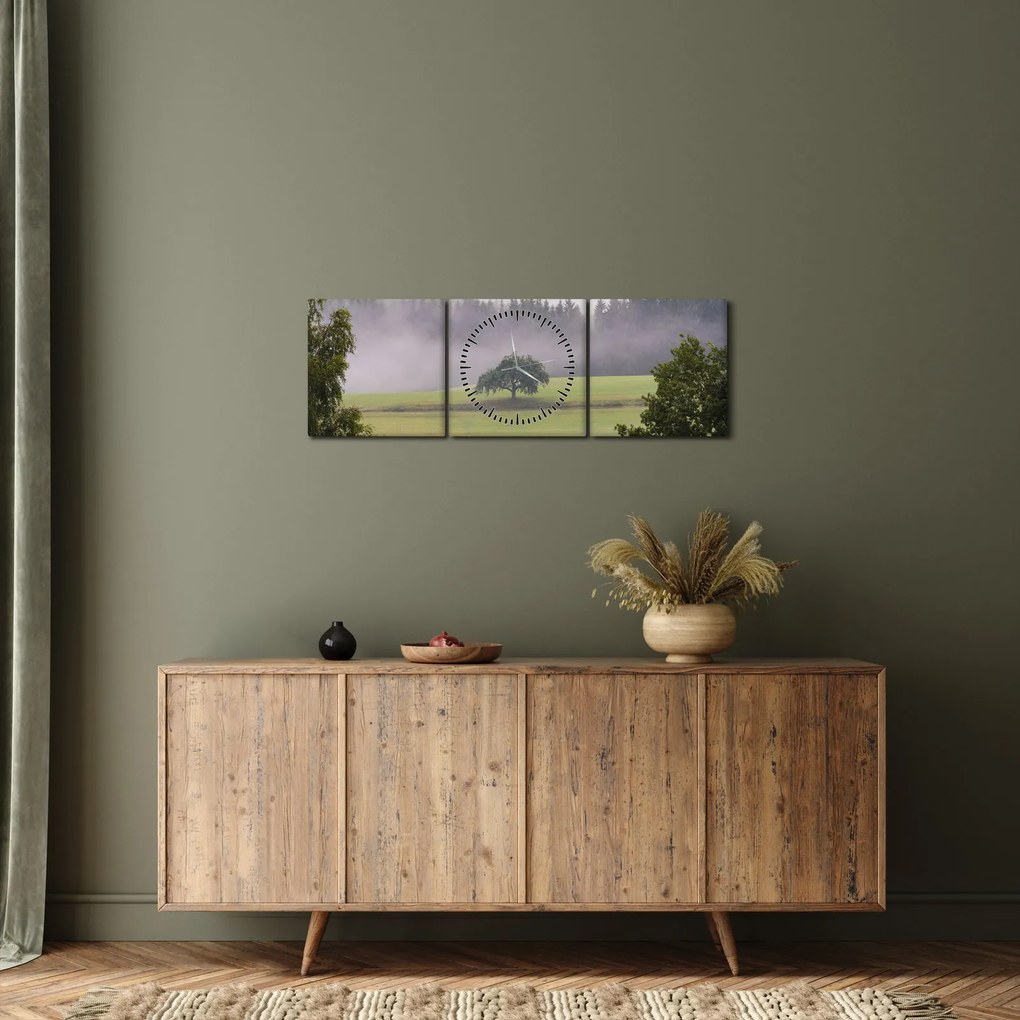 Obraz łąki z drzewem (z zegarem) (90x30 cm)