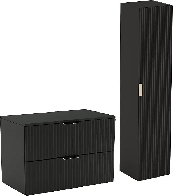 Czarny Zestaw Łazienkowy 80cm Szafka Blat Słupek Ryflowane Fronty